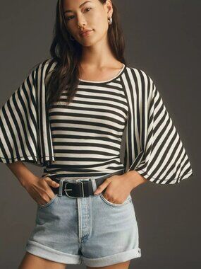 Anthropologie Maeve Black White Striped Bell Sleeve Knit Top Size Small